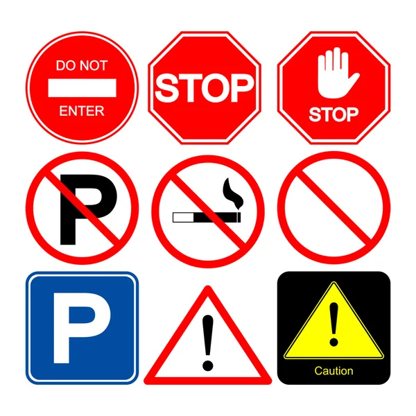 Señal de alto. Señal de precaución. Signo del personal solamente. Señal de estacionamiento. Estacionamiento señal prohibida. No hay señales de fumar. Señal de atención . — Archivo Imágenes Vectoriales