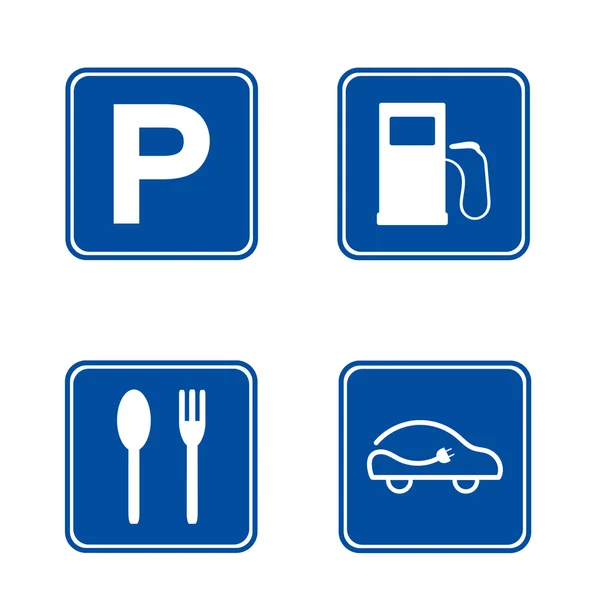 İşareti otopark. Set: benzin istasyonu, kahve, e-Araba, Park. Park alanı