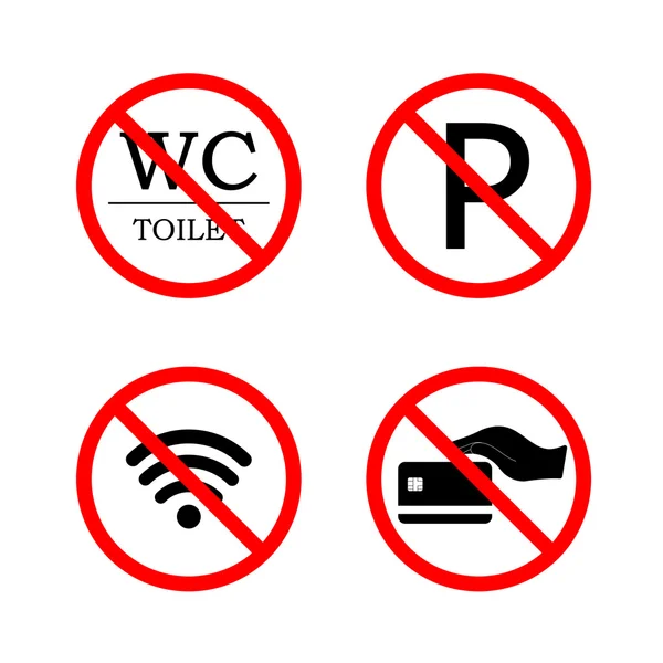 Icono de estacionamiento. Icono del WC. Icono de tarjeta de crédito. Icono de Wi-Fi. No hay estacionamiento. No hay WC. Sin tarjeta de crédito. Sin Wi-Fi . — Archivo Imágenes Vectoriales