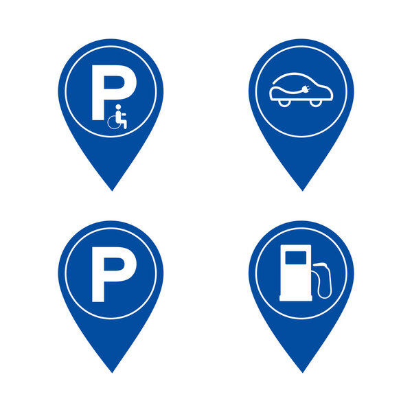 Parking sign. Gas station sign. Parking mark. Gas station marc. Parking for the disabled. Electric car charging. Parking area.