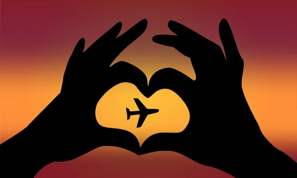 Céu. O avião do caminho. Com amor. Coração no céu. Mãos no coração —  Vetores de Stock