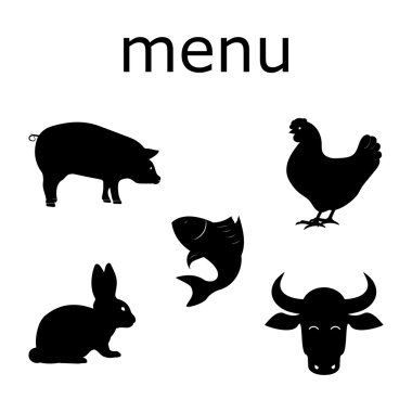 Tavşan silüeti. Bir domuz silüeti. Bir inek silüeti. Balık silüeti. Tavuk silüeti. Restoran Menü. Et kümesi. Et yemek.