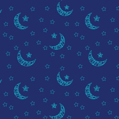 Set: ay, yıldız, gökyüzü. Mavi arka plan.