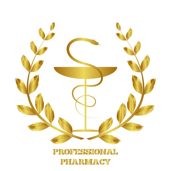 Eczane simgesi. Caduceus sembolü. Bir yılanla oynar. Tıp sembolü. Profesyonel eczane. Defne çelengi