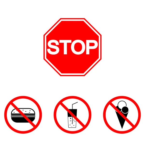 Prohibition signs, set vector illustration:  food, burger, ice cream, soda, . Vector illustration of Stop. Can be used for institutions, public places, information about diet and healthy eating — Stock Vector