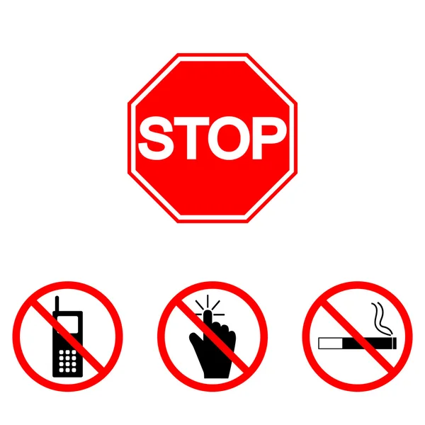 Prohibition signs, set vector illustration: touch, smoking, call, phone. Vector illustration of Stop. Can be used for institutions, public places — Stock Vector