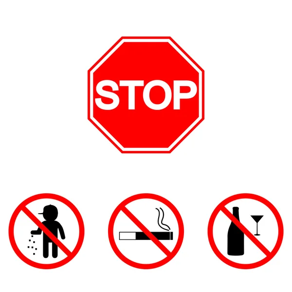 Zákaz podepíše, nastavte vektorové ilustrace: alkohol, sklo, kouř, nosítka, odpadky. Vektorové ilustrace Stop. Může být použit pro institucí, veřejných místech — Stockový vektor