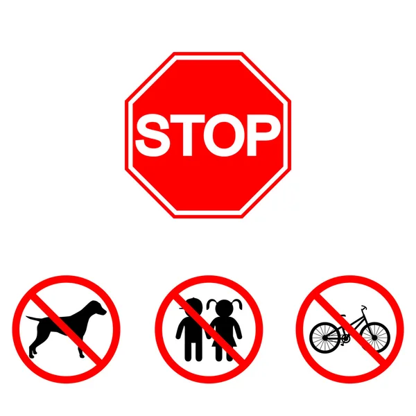 Prohibition signs, set vector illustration: animals, children, bicycle, transportation . Vector illustration of Stop. Can be used for institutions, public places