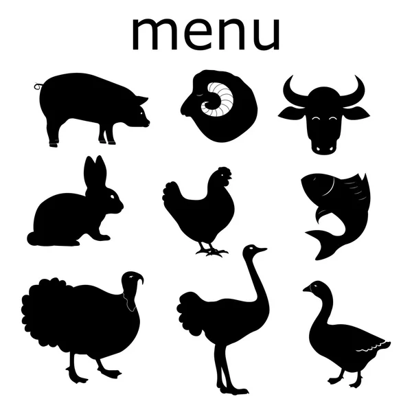 Set: kuzu, domuz, tavşan, sığır eti, kaz, Türkiye, tavuk, balık, devekuşu. Et menüsü. Et lokantası. Barbekü menüsü. Hayvanlar siluet