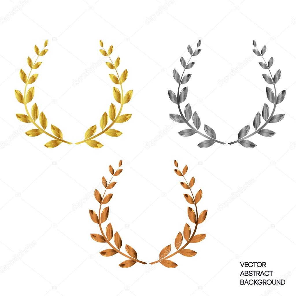 A set of three with a laurel wreath: first, second, third. Gold, silver, bronze