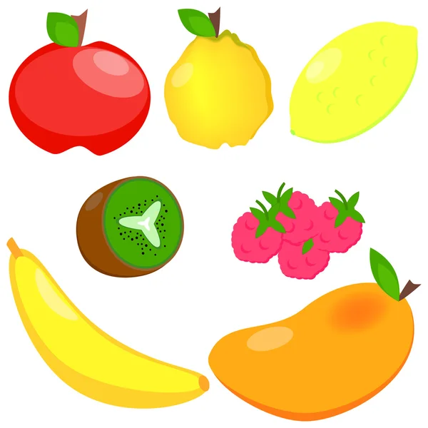 Küme: Beyaz bir arka plan meyve. Elma, Ayva, limon, kivi, ahududu, muz, mango. Düz stil. — Stok Vektör