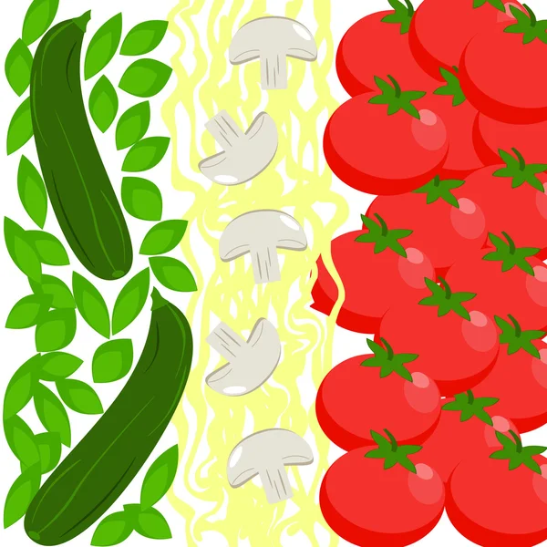 Italia Bandiera Alimentare. Basilico, zucchine, spaghetti, funghi, pomodori. Stile piatto . — Vettoriale Stock