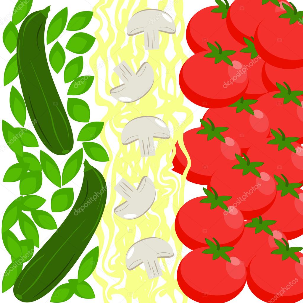 Italy Food Flag. Basil, zucchini, spaghetti, mushrooms, tomatoes. Flat Style.