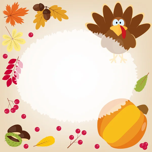 Greeting card with turkey, autumn leaves, pumpkins, acorns, chestnuts, berries in cartoon style. — Stock Vector