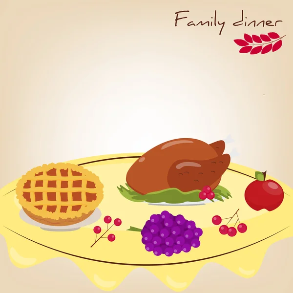 Set: family dinner. Turkey, pie, apple, grapes, berries. Vector Graphics