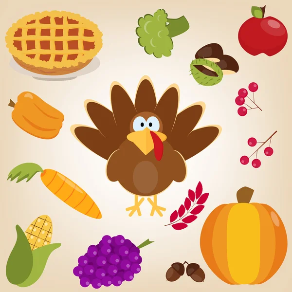 Set with turkey, autumn leaves, pumpkin, carrot, acorns, chestnuts, berries in cartoon style. Funny character Thanksgiving. Happy Thanksgiving funny illustration. Flat style. Royalty Free Stock Vectors