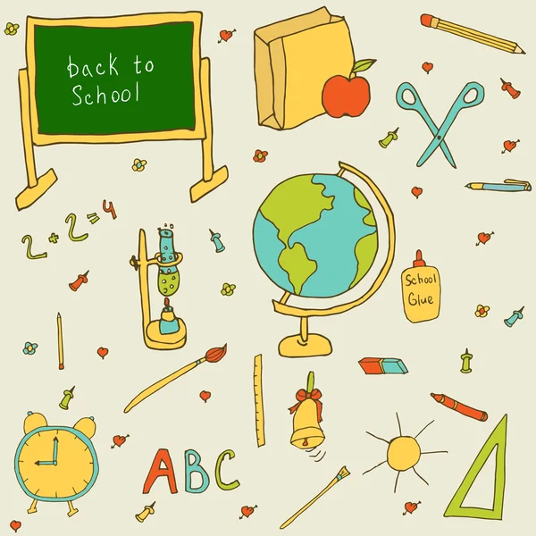 Zbiór rzeczy do szkoły: tablica, kredki, markery, glob, — Wektor stockowy