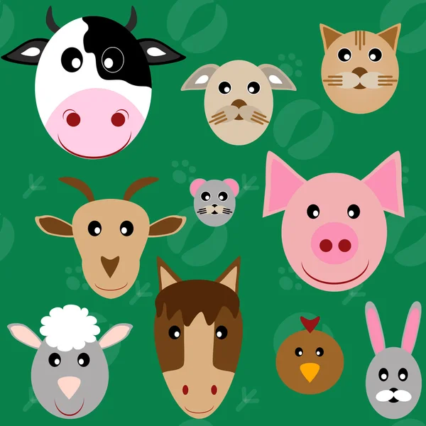 Набір голів тварин: корова, коза, курка, кішка, собака, миша, вівця , — стоковий вектор