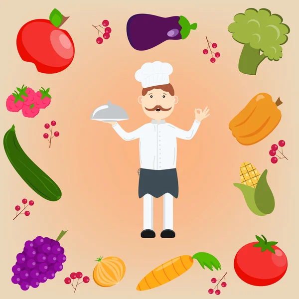 Bir tabak ve meyve ve sebzeler üzerinde tutarak yemek pişirmek — Stok Vektör