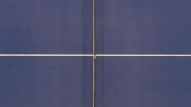 Büyük bir tenis maçından sonra ağlara doğru yürüyen, el sıkışan ve ayrılan iki kendine güvenen beyaz kadın sporcunun üst görüntüsü. Beden eğitiminde genç kadınlar. Arkadaşlık maçı..