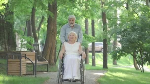 밝은 공원에서 휠체어를 타고 달리는 즐거운 신체장애자 여성과 노인의 넓은 샷. 쾌활 한 코카서스인 커플의 특징은 즐거운 시간을 보내는 것입니다. 행복 한 아내와 남편은 웃고 떠납니다. — 비디오