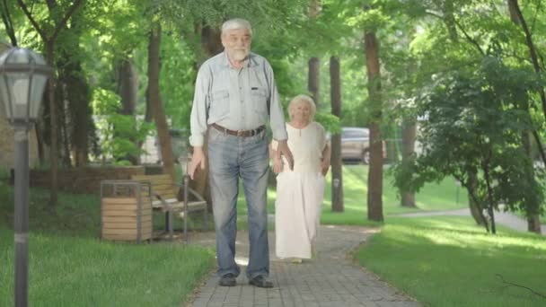 Glad dag för positiva seniora kaukasiska par i solig sommarpark. Den leende gamle mannen väntar på kvinnan i gränden som hustru och närmar sig maken bakifrån. Glada makar kramas i solljus. — Stockvideo