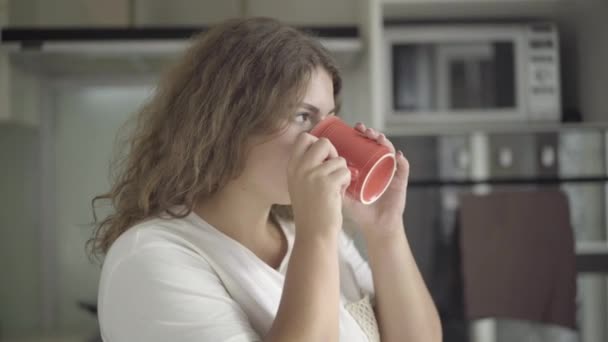 Close-up de mulher morena gorda com olhos castanhos bebendo café e sorrindo para a câmera. Retrato de alegre encantadora senhora com sobrepeso caucasiana desfrutando de manhã na cozinha em casa. — Vídeo de Stock