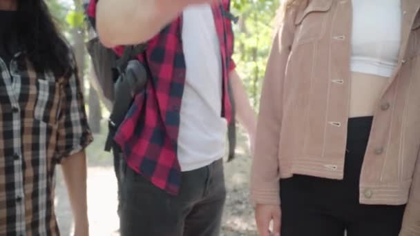 Detailní záběr nerozpoznatelných bělošských přátel, kteří si stohují ruce ve slunném lese venku. Skupina pozitivních mužů a žen si v létě užívá pěší túry venku. Přátelství a koncept cestování. — Stock video
