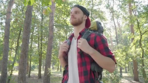 Porträtt av självsäker vit vacker ung man med turist ryggsäck poserar i solljus utomhus. Skäggig resenär som står i sommarskogen och ler mot kameran. Förtroende och livsstil. — Stockvideo