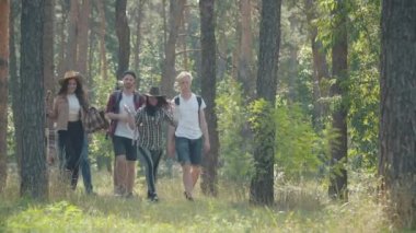 Yaz ormanlarında güneş ışınlarında gezen pozitif sırt çantalı insanlar. Güneşli bir günde dışarıda kamp yapan mutlu ve rahat genç erkekler ve kadınlar. Gülümseyen turistler seyahat ve eko-turizmin tadını çıkarıyor.