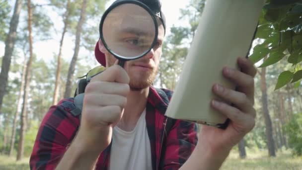 Porträtt av koncentrerad man flyttar förstoringsglas framför ansiktet som undersöker trädlöv i solig skog. Ung vit manlig ekolog undersöker naturen utomhus på sommardagen. — Stockvideo