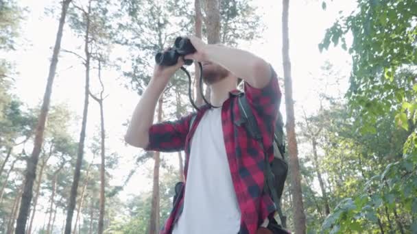 Bottom angle view of handsome young Caucasian man looking through binoculars in sunlight, waving to friends, and showing route. Group of positive Caucasian tourists leaving in sunny summer forest. — Stock Video