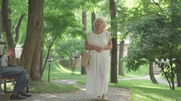 Brede opname van een prachtige oudere blanke vrouw die in het zonnige park loopt en een geabsorbeerde oude man passeert die op de bank zit en het boek leest. Portret van gelukkige zorgeloze gepensioneerde genieten van pensionering buiten. — Stockvideo