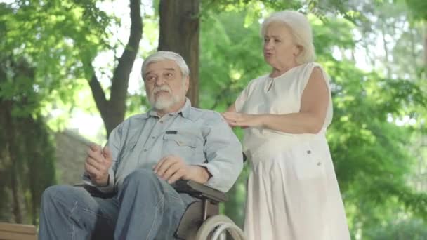 Özürlü yaşlı adam ve ilgili yaşlı kadının yaz parkında gün ışığında konuşmalarının alt açısı. Bir çift Kafkas emeklinin portresi emeklilikte dışarıda dinleniyor.. — Stok video