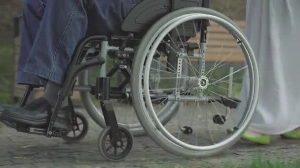 Невпізнавана жінка в білому одязі котячий візок з інвалідом. Любляча кавказька дружина доглядає паралізованого чоловіка. Поняття старіння та інвалідності. — стокове відео