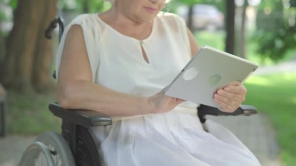 无法辨认的瘫痪老年妇女在平板电脑上浏览互联网。在阳光灿烂的夏季公园，老白种人退休后坐在轮椅上在线发短信。使用现代技术的残疾养恤金领取者. — 图库视频影像
