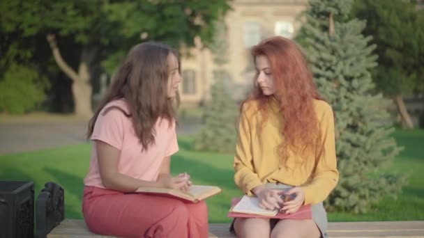 Portrait of two cheerful young Caucasian women sitting on bench on campus and chatting as unrecognizable man passing at front. Portrait of beautiful joyful university student gossiping outdoors. — Stock Video