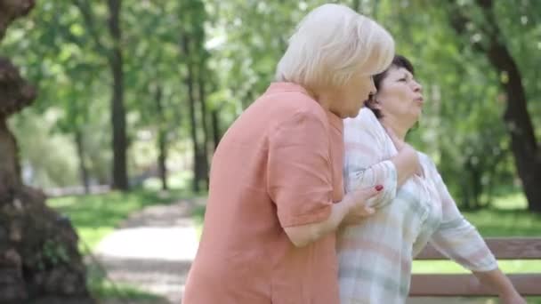 Starsza kaukaska kobieta chodząca przyjaciółka z zawałem serca na ławce w letnim parku. Zamartwiona emerytka wzywająca karetkę, by pomóc chorej dziewczynie. Koncepcja opieki zdrowotnej i wsparcia. — Wideo stockowe