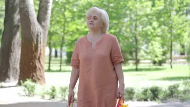 Retrato de mulher caucasiana sênior confiante em óculos de sol andando ao longo do parque ensolarado com sacos de compras e saindo. Elegante aposentada feminina passeando ao ar livre no dia de verão. Estilo de vida e alegria. — Vídeo de Stock