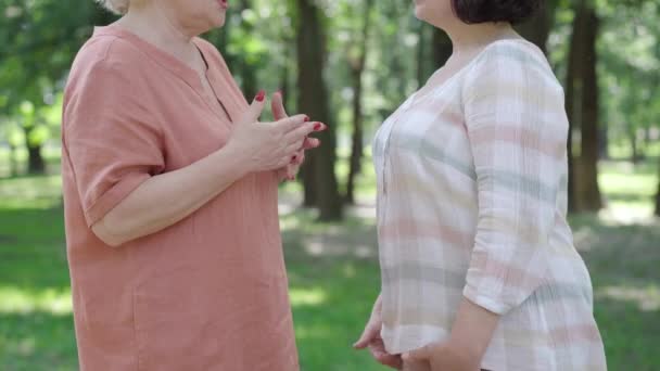 Two unrecognizable retirees arguing in summer park. Side view of irritated Caucasian senior women yelling and gesturing emotionally outdoors. Conflict and misunderstanding concept. — Stock Video