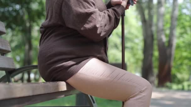 Kamera podnosi się wzdłuż sfrustrowanej kobiety siedzącej na ławce w letnim parku i wzdychającej. Widok z boku portret przygnębionego białego emeryta spędzającego samotny dzień na świeżym powietrzu. — Wideo stockowe