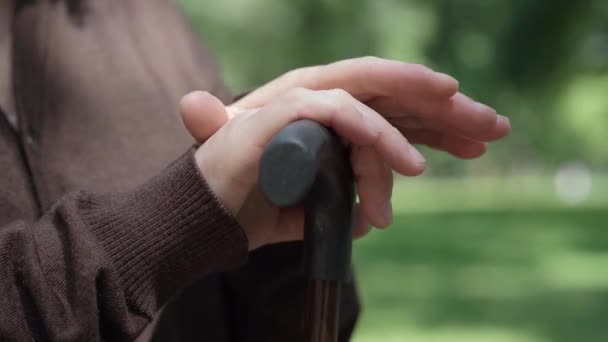 Close-up dari perempuan senior tangan pada berjalan tongkat luar ruangan. Pensiun Kaukasia yang tak dikenal dengan tebu menghabiskan musim panas di taman. Kesepian dan konsep pensiun. — Stok Video