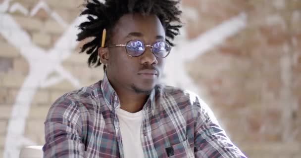 Portrait of young African American investor in eyeglasses examining papers in sunny office. Confident serious handsome man talking and analyzing documents for startup. Cinema 4k ProRes HQ. — Stock Video