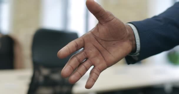 Handschlag aus nächster Nähe zwischen einem afroamerikanischen Geschäftsmann und einer kaukasischen Geschäftsfrau. Unerkennbare Partner beim Händeschütteln nach erfolgreicher Einigung. Kooperationskonzept. Cinema 4k ProRes Hauptquartier. — Stockvideo