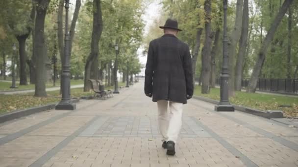 Wide shot of confident Caucasian adult man strolling along park alley on cloudy autumn or spring day. Back view of elegant detective or spy walking outdoors and looking around. — Stock Video