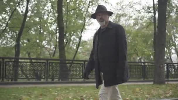 Seitenansicht eines seriösen, selbstbewussten Geheimdienstlers, der im Herbst oder Frühling im Park spaziert und sich umschaut. Porträt eines gut aussehenden erwachsenen kaukasischen Spions in elegantem Mantel, Hut und Handschuhen. — Stockvideo