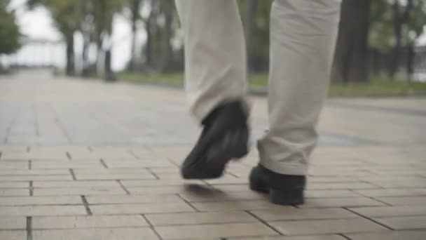 Camera follows male feet in boots walking along alley in spring or autumn park on cloudy overcast day. Unrecognizable man strolling outdoors. — Stock Video