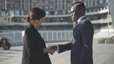 Güneşli şehir caddesinde el sıkışan çok ırklı ortakların yan görüntüsü. Kendine güvenen beyaz kadın ve iş bölgesindeki Afrikalı Amerikalı adamın tokalaşması. İşbirliği ve takım çalışması.