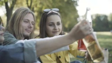 1960 'ların sarhoş hippi arkadaşları bira şişelerini tokuşturur ve dışarıda içerler. Rahat Kafkasyalı erkek ve kadınlar yeşil çayırda güneşli bir yaz gününün tadını çıkarıyorlar. Canlı kamera.