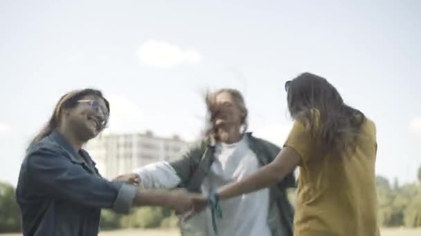 Group of joyful relaxed hippies friends spinning and jumping on sunny summer day outdoors. Three carefree Caucasian 1960s man and women having fun. Vintage lifestyle and counterculture. — Stock Video